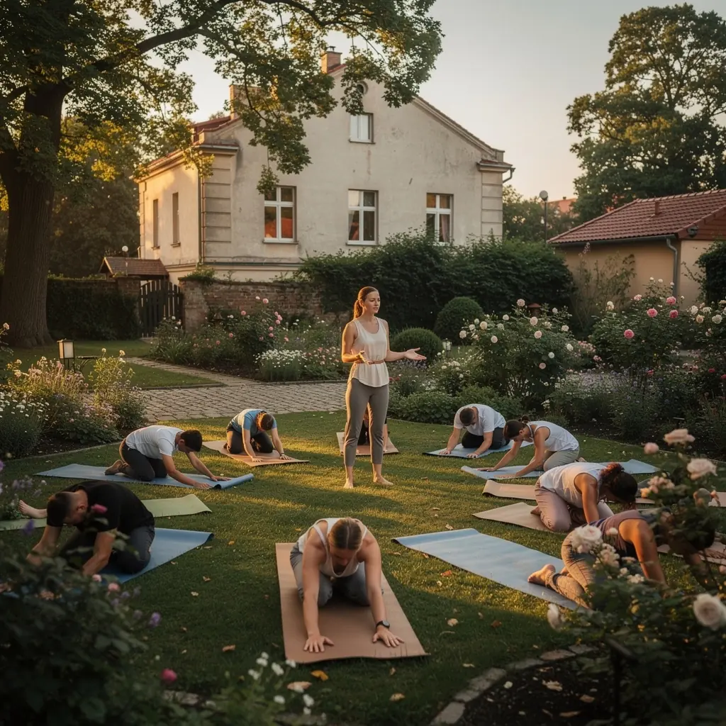 Mężczyzna praktykujący jogę na tarasie, z widokiem na nocne niebo.