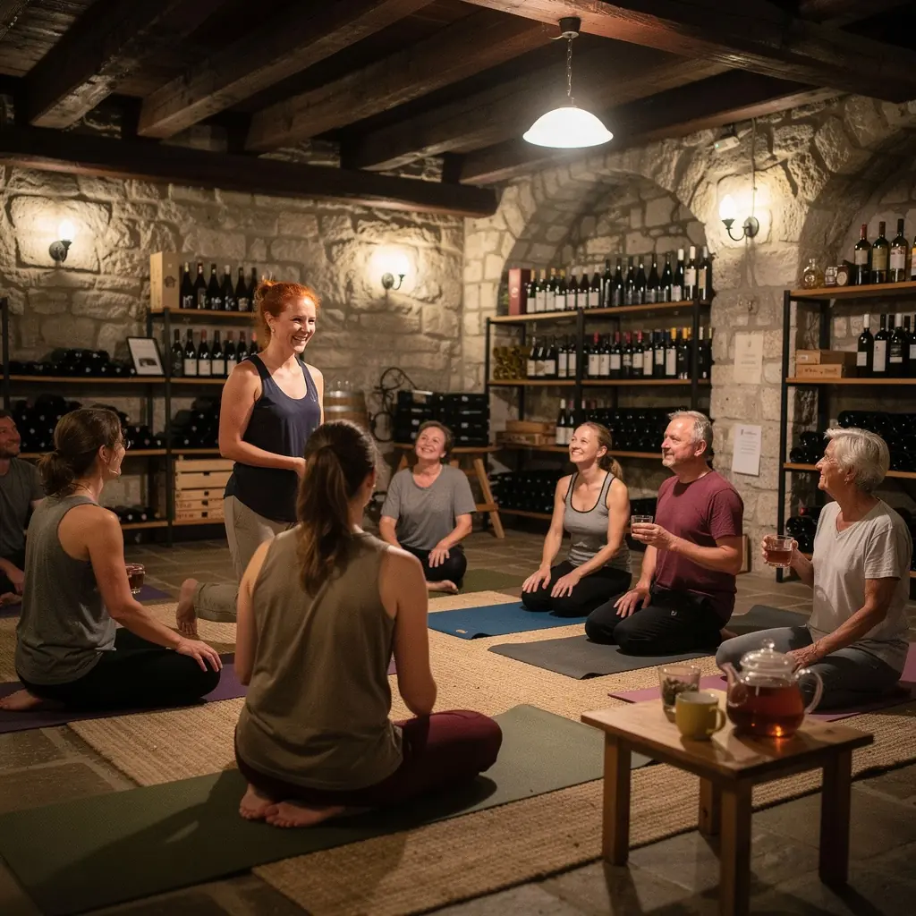 Zachód słońca widoczny przez okno, tworzący spokojną atmosferę do jogi.