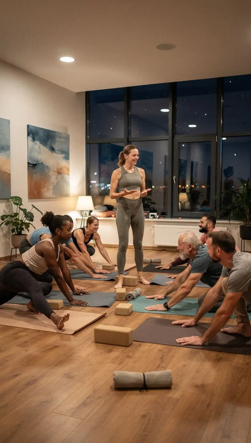 Zestaw akcesoriów do jogi, takich jak mata, poduszki i koc, przygotowany na sesję.