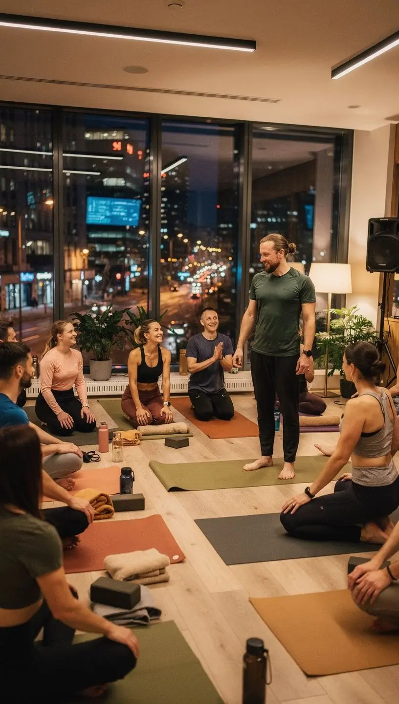 Zestaw akcesoriów do jogi, takich jak mata, poduszki i koc, przygotowany na sesję.