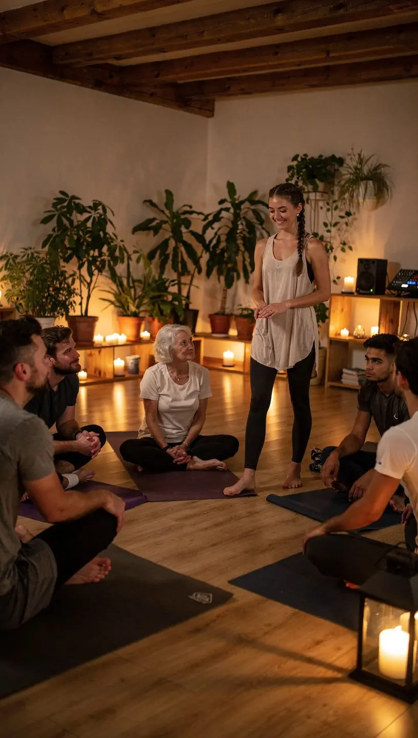 Zestaw akcesoriów do jogi, takich jak mata, poduszki i koc, przygotowany na sesję.