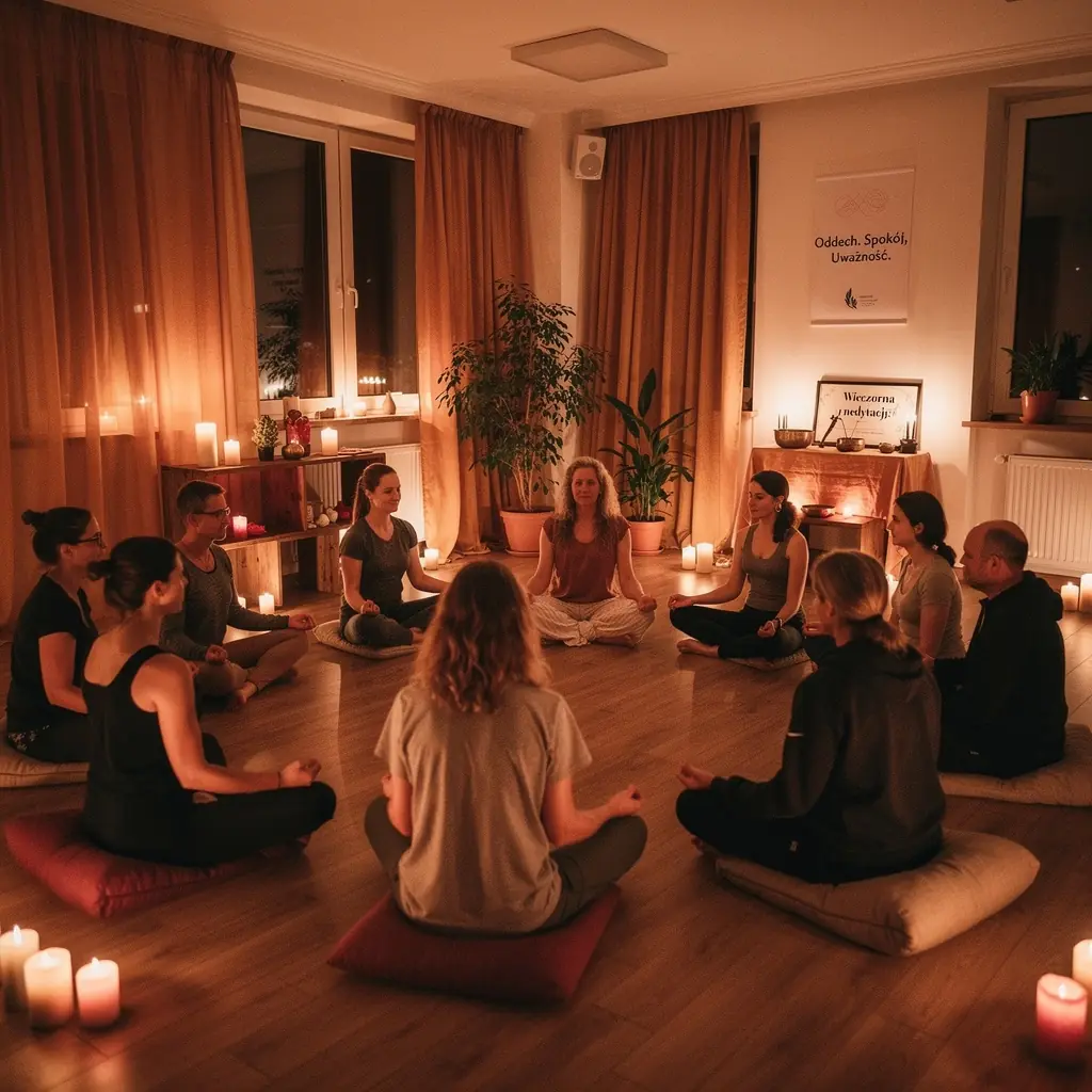 Zestaw akcesoriów do jogi, takich jak mata, poduszki i koc, przygotowany na sesję.