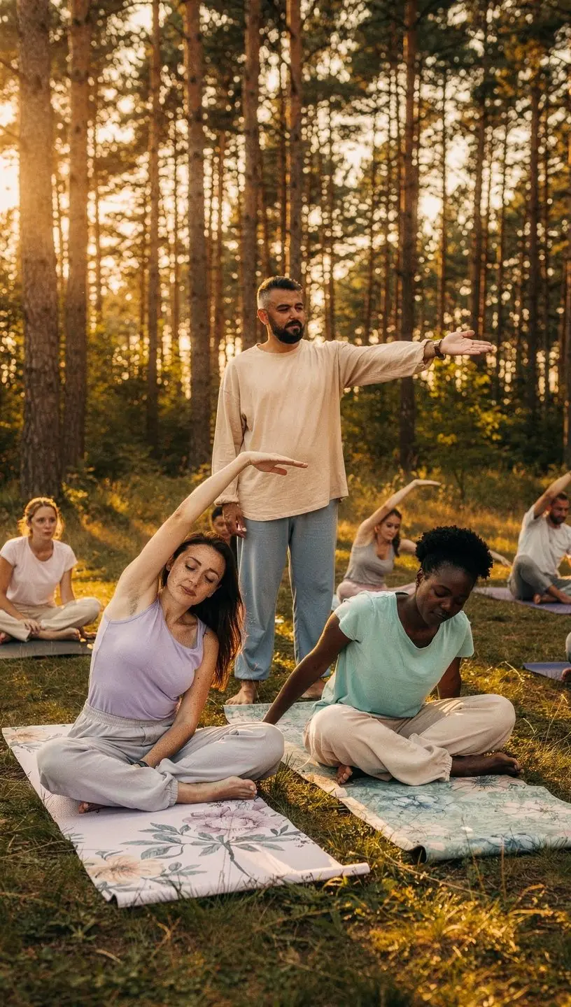 Zestaw akcesoriów do jogi, takich jak mata, poduszki i koc, przygotowany na sesję.