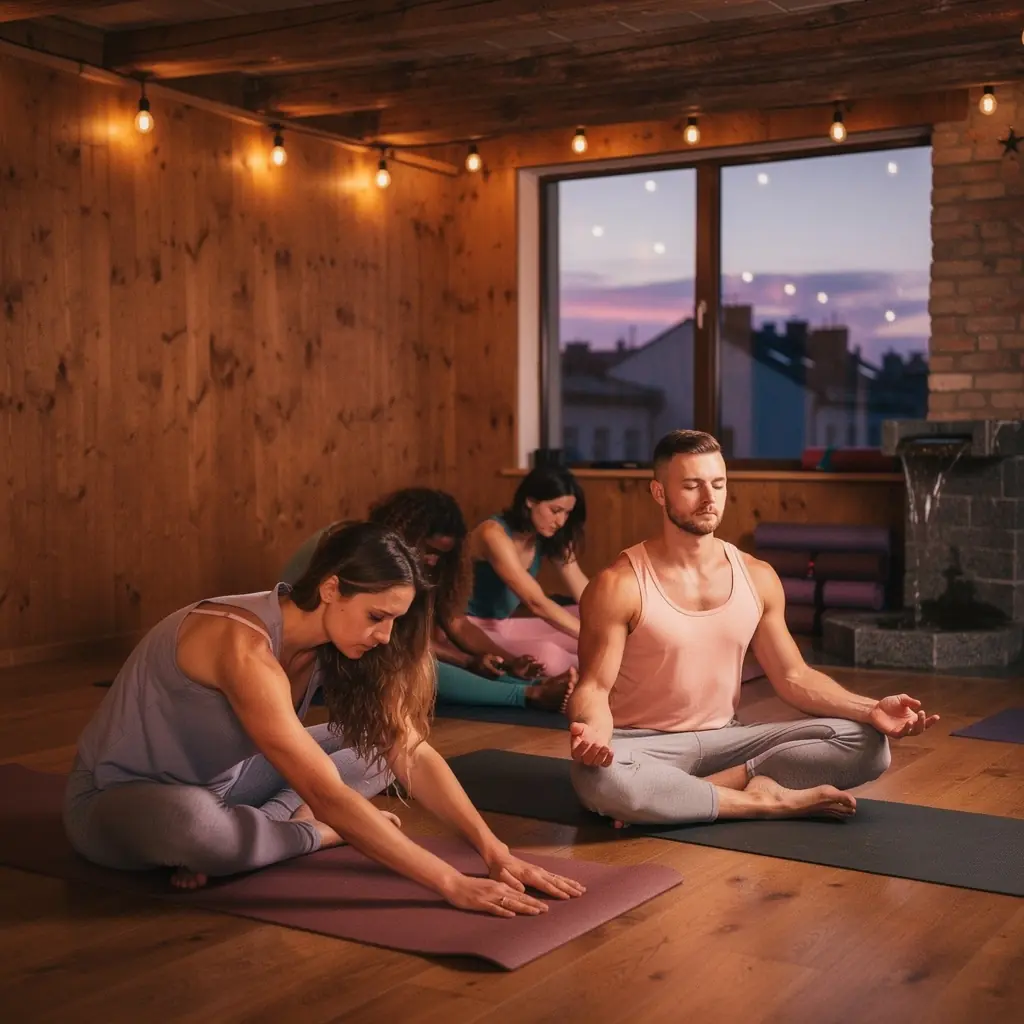 Zrelaksowana osoba wykonująca łagodne rozciąganie na macie w cichym pokoju.
